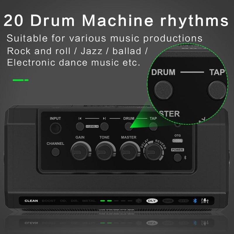 Ulumac Aroma Portable 10W Mono Electric Guitar Practice Amp with Bluetooth 5.3 & OTG Direct Recording, 5-Channel Reverb/Delay Effects, 20 Drum Rhythms, Headphone Jack, 5.5H Working (No Stereo Output) - Image 4